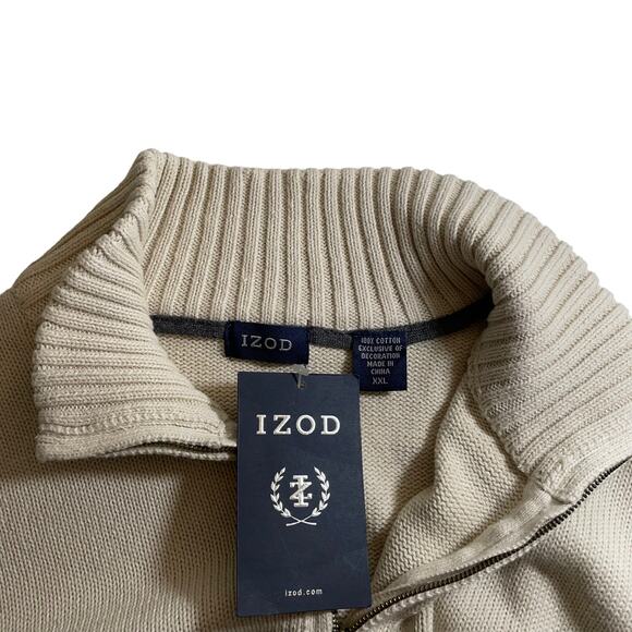 NWT IZOD Mens Cotton Quarter Zip Knit Mock Neck Sweater Stonedust XXL Fisherman - Picture 7 of 9